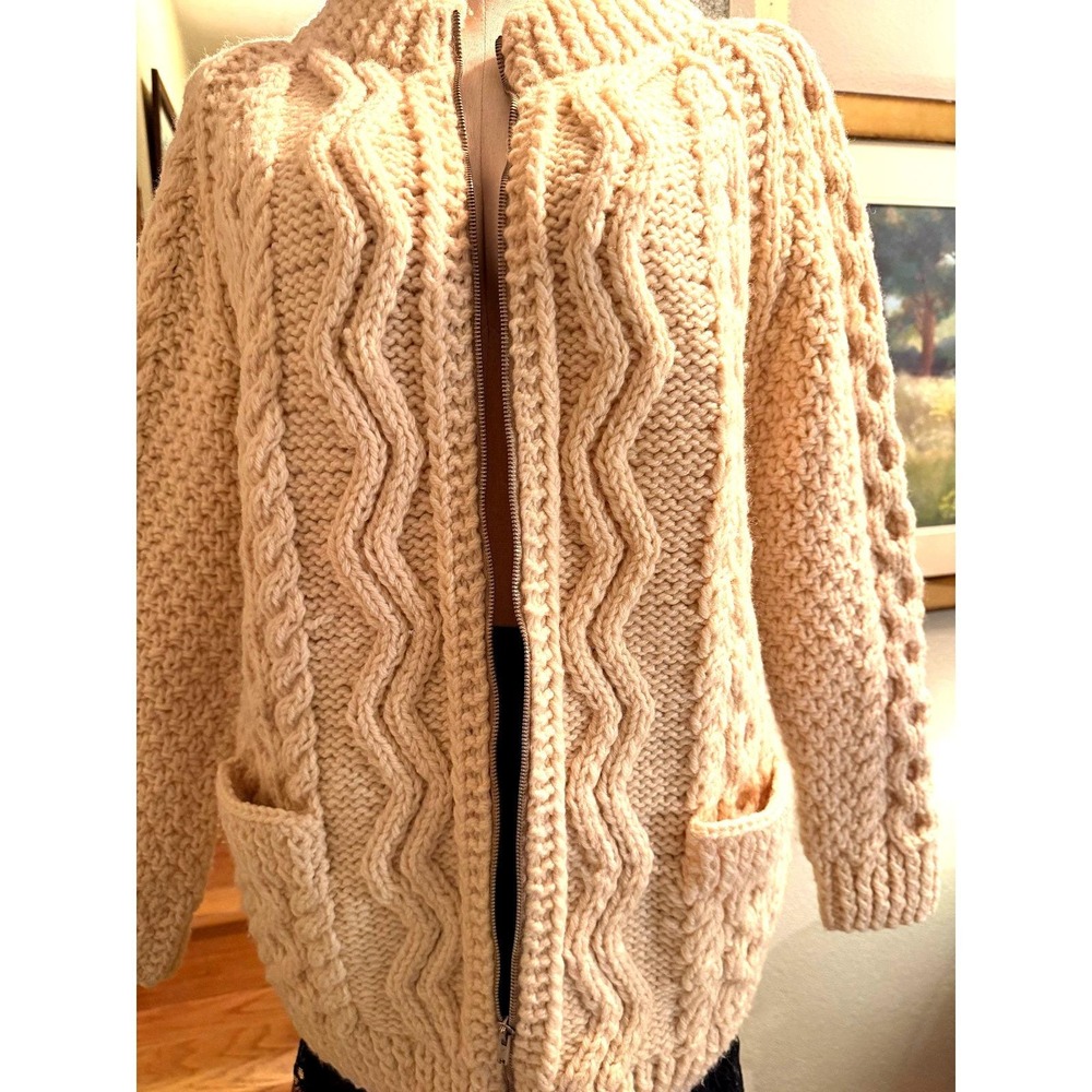 Andion Full Zip Chunky Cable Hand Knit Fisherman Cream Wool Cardigan Sweater